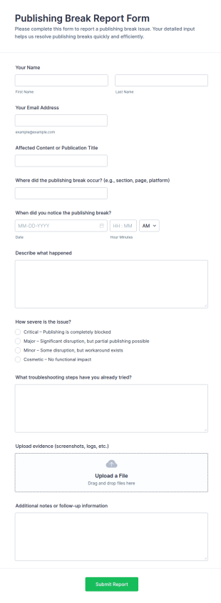 Publishing Break Report Form Template