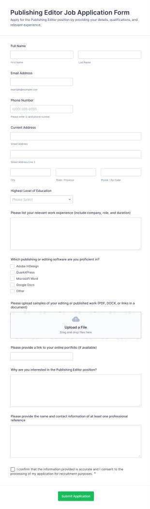 Publishing Editor Job Application Form Template