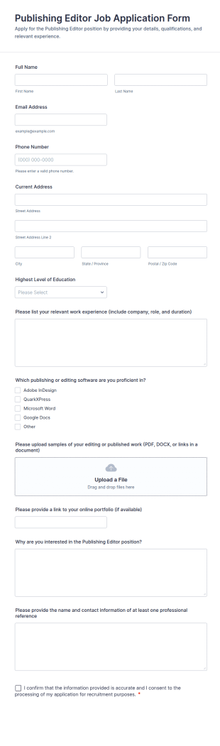 Publishing Editor Job Application Form Template