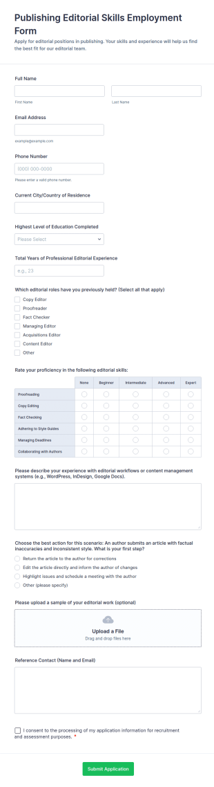 Publishing Editorial Skills Employment Form Template