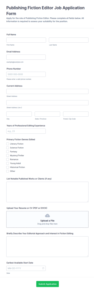 Publishing Fiction Editor Job Application Form Template