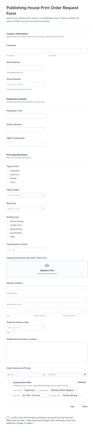 Publishing House Print Order Request Form Template