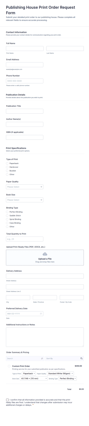 Publishing House Print Order Request Form Template