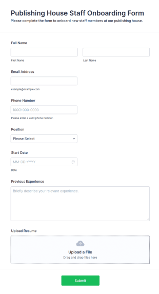 Publishing House Staff Onboarding Form Template
