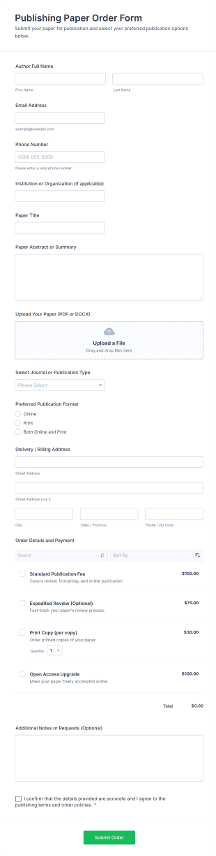 Publishing Paper Order Form Template