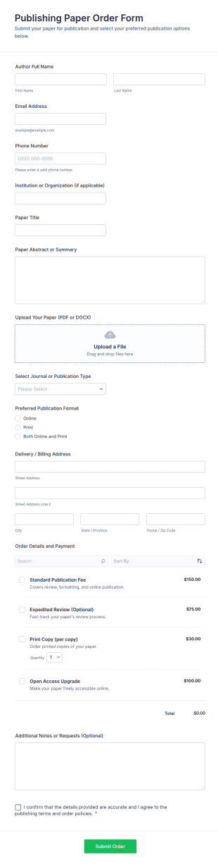 Publishing Paper Order Form Template