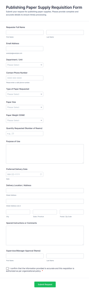 Publishing Paper Supply Requisition Form Template