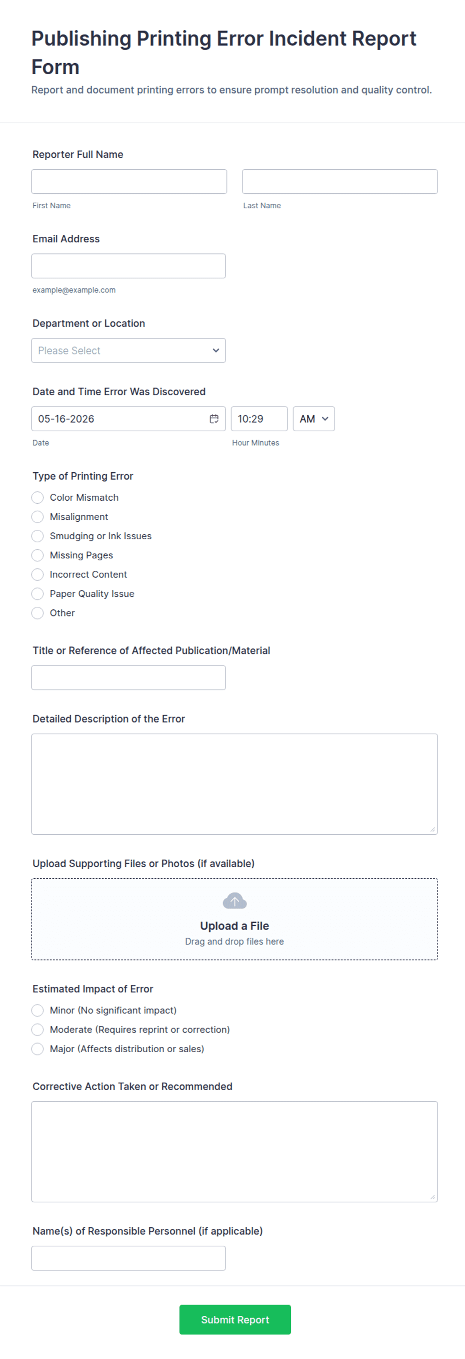 Publishing Printing Error Incident Report Form Template | Jotform