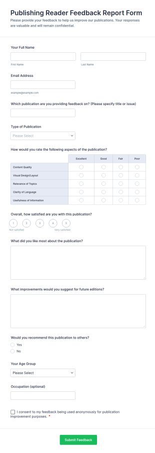 Publishing Reader Feedback Report Form Template