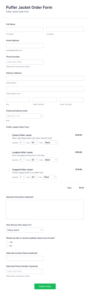 Puffer Jacket Order Form Template