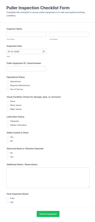 Puller Inspection Checklist Form Template