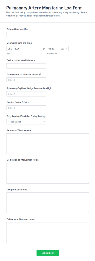 Pulmonary Artery Monitoring Log Form Template