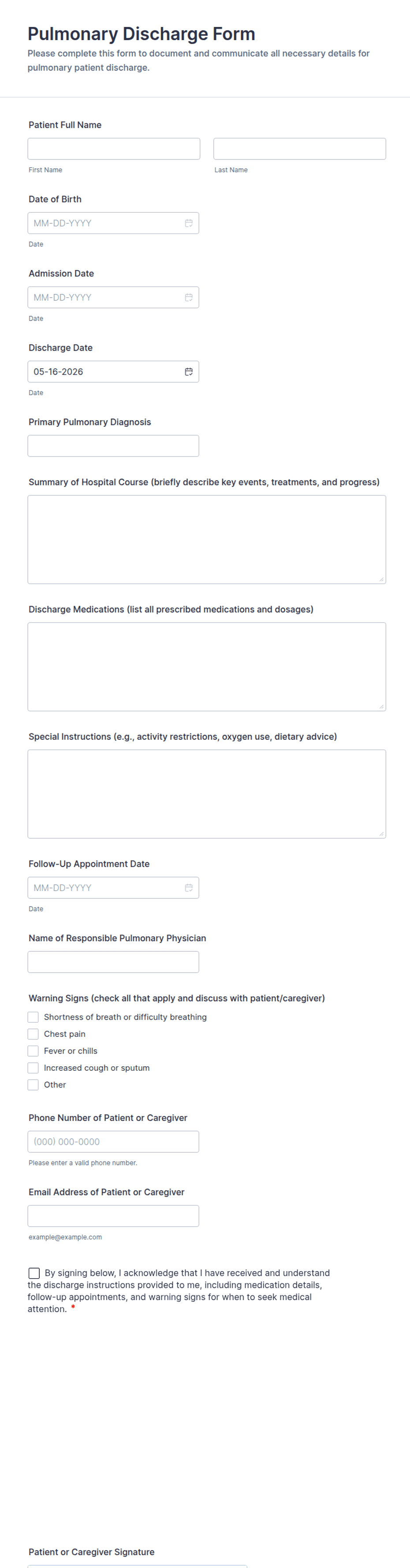 Pulmonary Discharge Form Template | Jotform