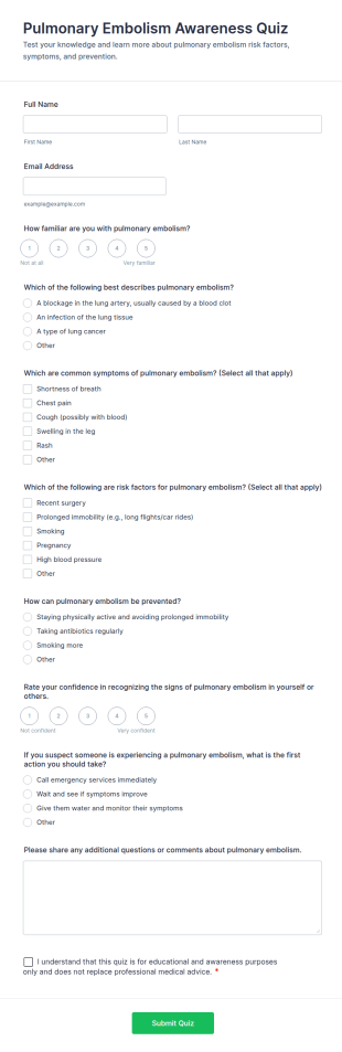 Pulmonary Embolism Awareness Quiz Form Template