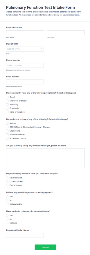 Pulmonary Function Test Intake Form Template
