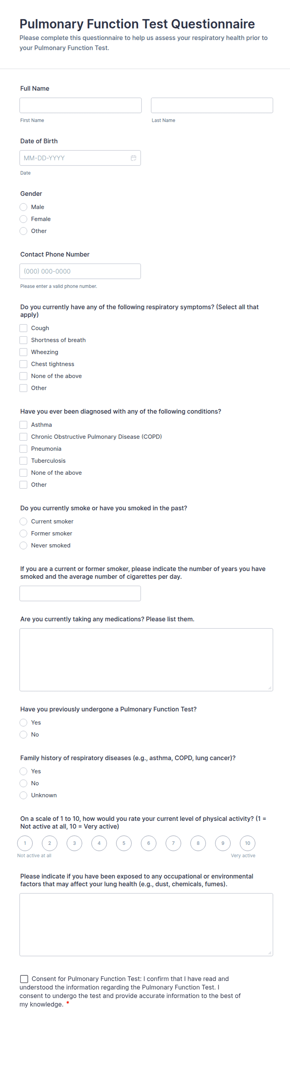 Pulmonary Function Test Questionnaire Form Template | Jotform