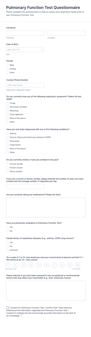 Pulmonary Function Test Questionnaire Form Template