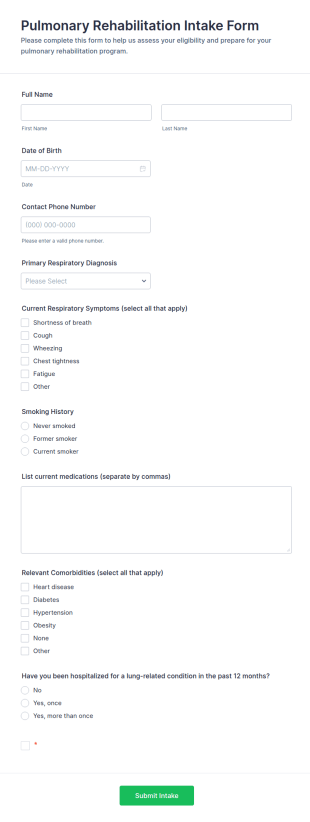 Pulmonary Rehabilitation Intake Form Template