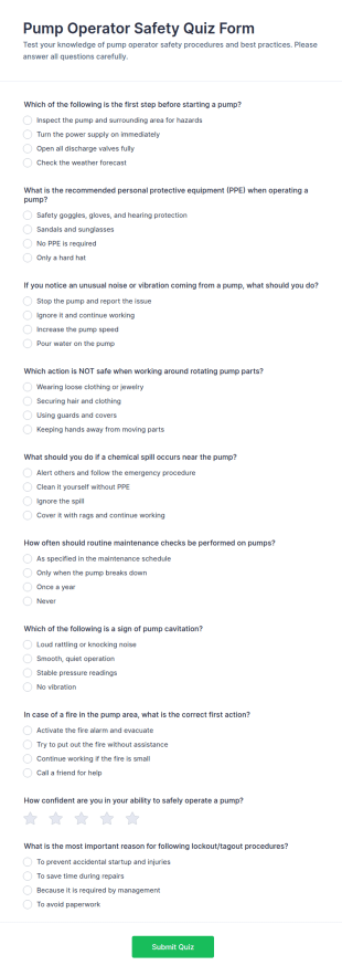 Pump Operator Safety Quiz Form Template