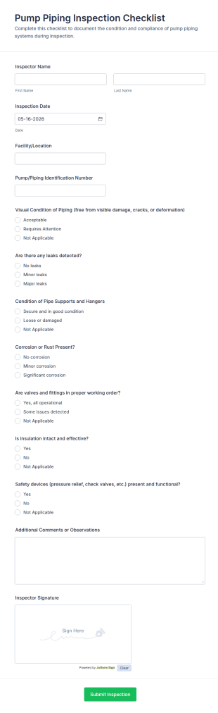 Pump Piping Inspection Checklist Form Template