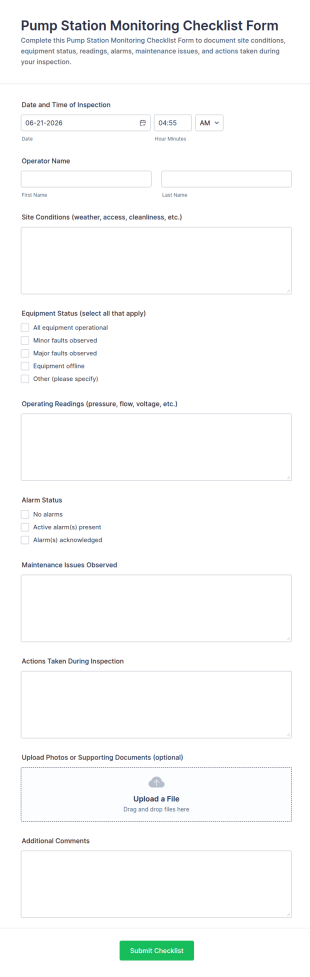 Pump Station Monitoring Checklist Form Template