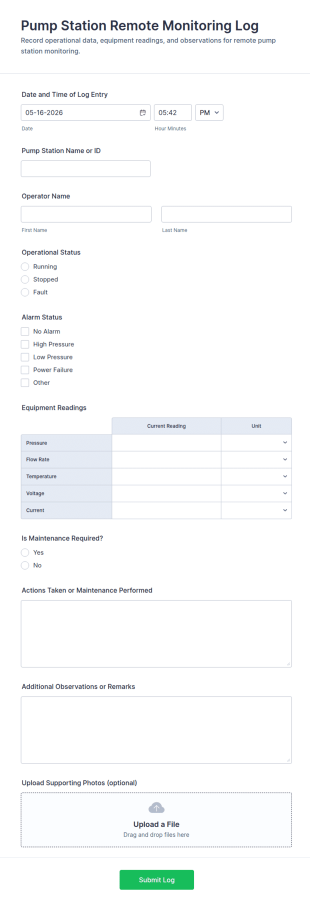 Pump Station Remote Monitoring Log Form Template