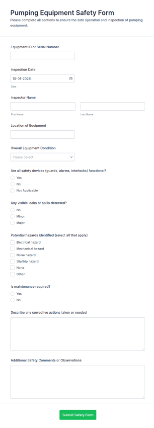 Pumping Equipment Safety Form Template