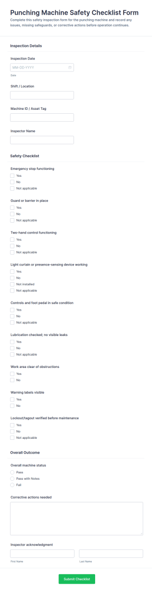 Punching Machine Safety Checklist Form Template