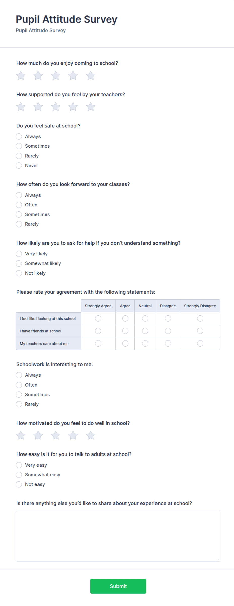 Pupil Attitude Survey Form Template | Jotform