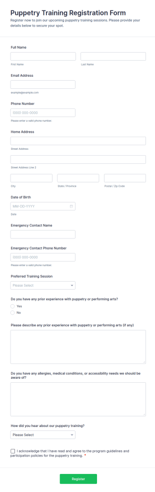 Puppetry Training Registration Form Template