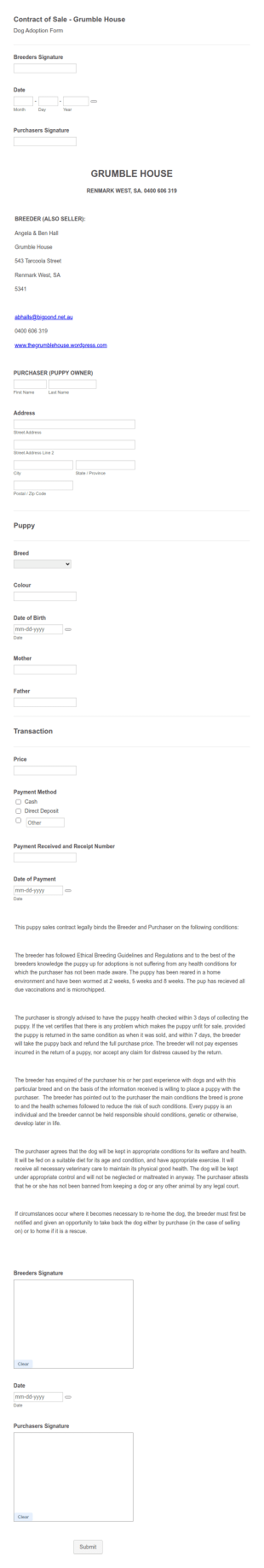 Puppy Adoption Consent Form Template