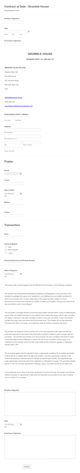 Puppy Adoption Consent Form Template