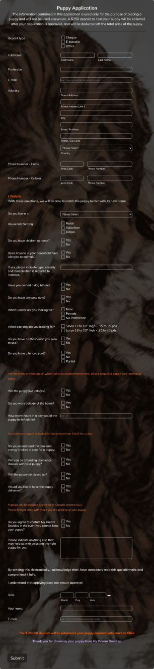 Puppy Application Form Template