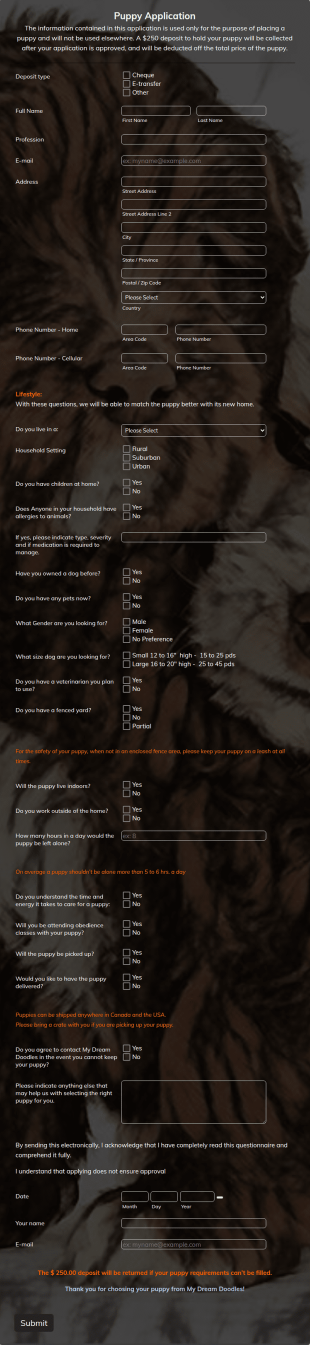 Puppy Application Form Template