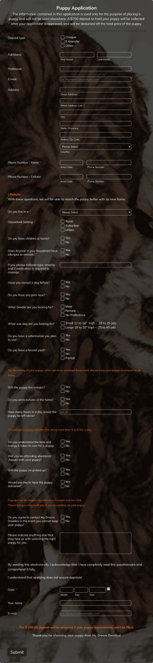 Puppy Application Form Template