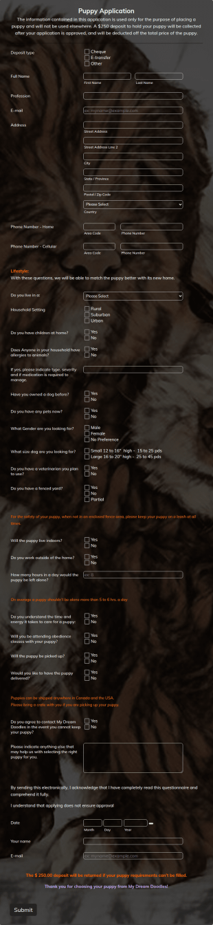 Puppy Application Form Template