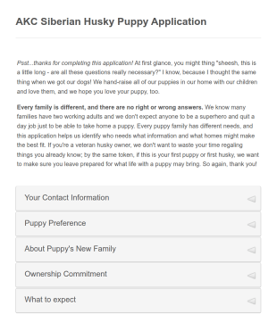 Siberian Husky Puppy Application Form Template