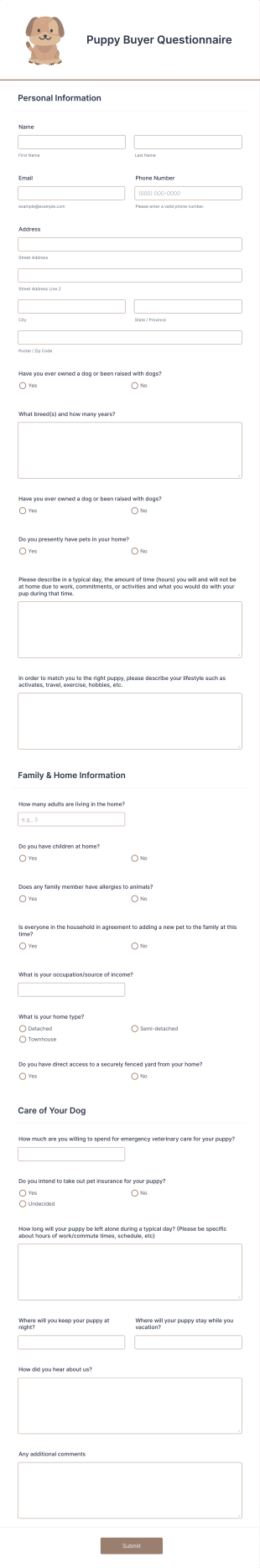 Puppy Buyer Questionnaire Form Template