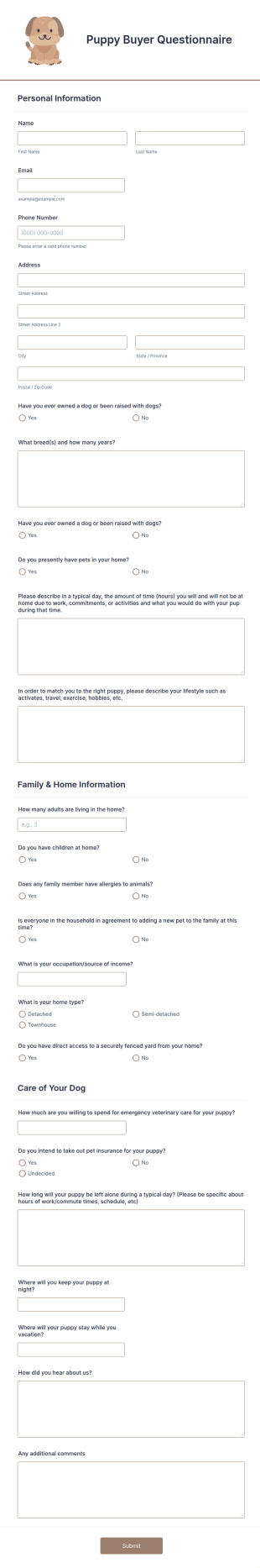 Puppy Buyer Questionnaire Form Template