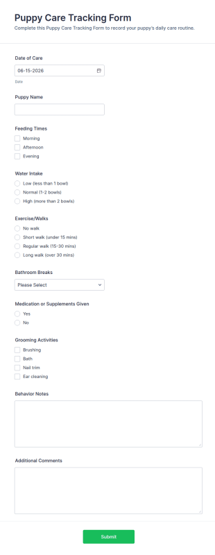 Puppy Care Tracking Form Template