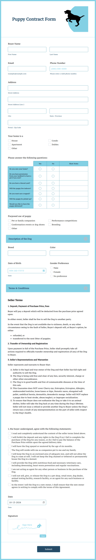 Puppy Contract Form Template