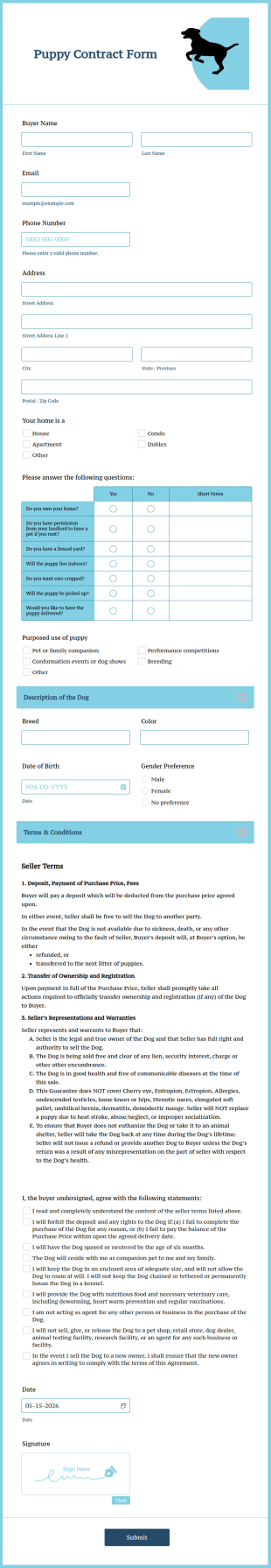 Puppy Contract Form Template