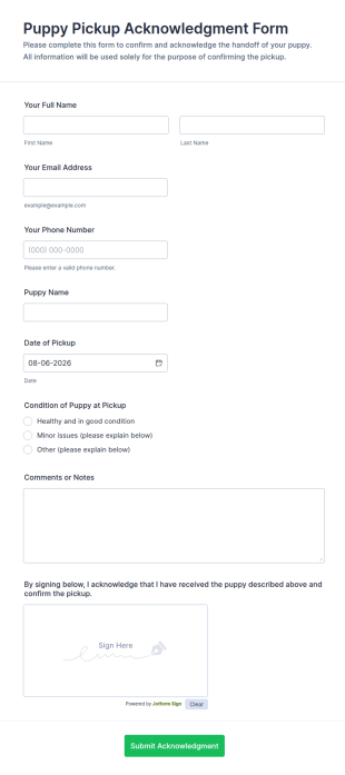 Puppy Pickup Acknowledgment Form Template