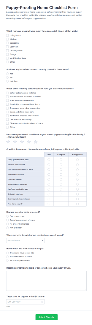 Puppy Proofing Home Checklist Form Template