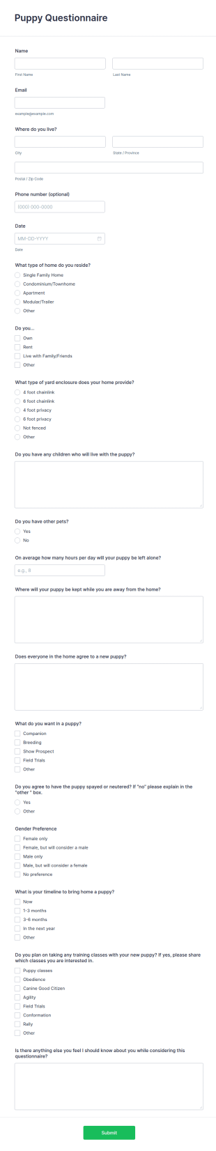 Puppy Questionnaire Form Template