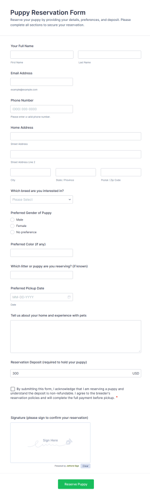Puppy Reservation Form Template