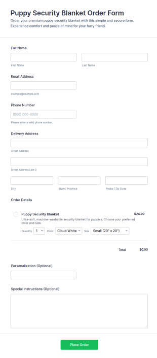Puppy Security Blanket Order Form Template