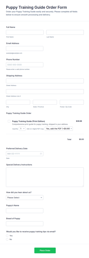 Puppy Training Guide Order Form Template