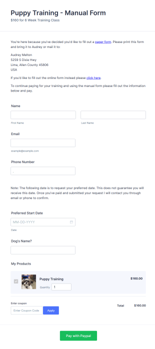 Puppy Training Purchase Form Template