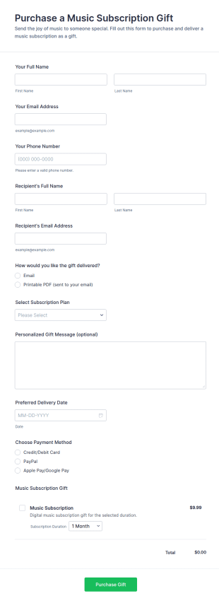 Music Subscription Gift Purchase Form Template